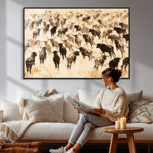 Texas Longhorn Sepia Canvas Wall Art, Western Cattle