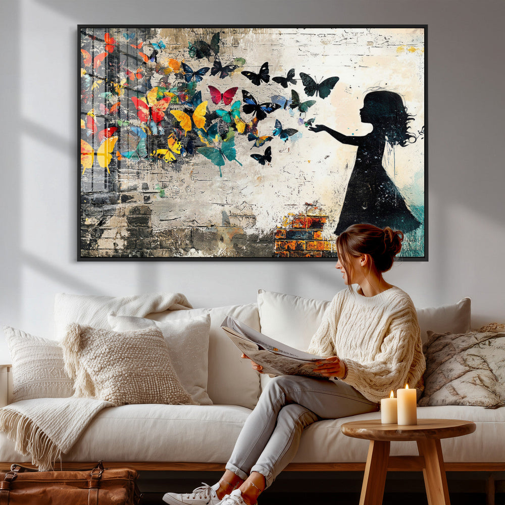Banksy Butterfly Girl Wall Art Canvas Print, Framed Street