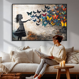 Banksy Butterfly Girl Wall Art Canvas Print, Framed Street