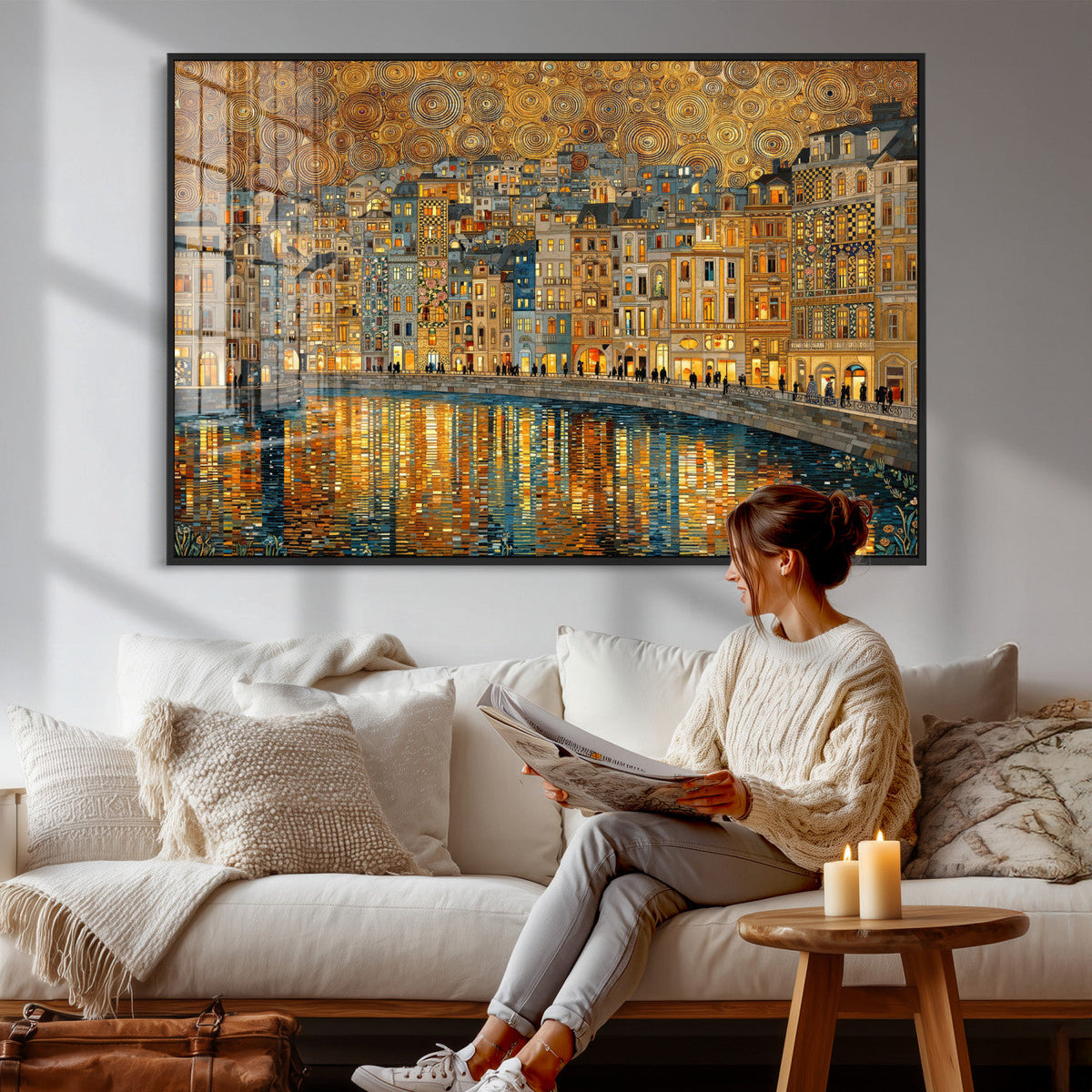 Gustav Klimt Golden Cityscape Wall Art Canvas Print, Framed