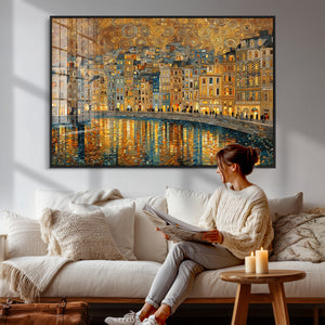 Gustav Klimt Golden Cityscape Wall Art Canvas Print, Framed
