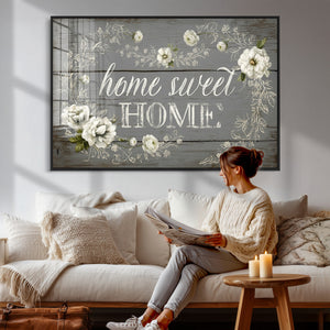 Home Sweet Home Wall Art Canvas Print, Floral Farmhouse