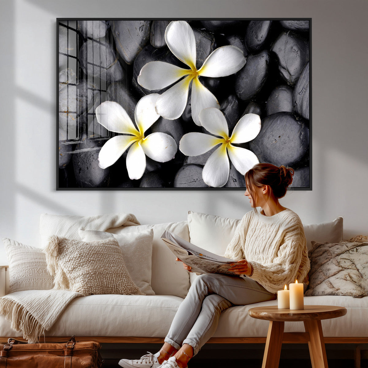 Plumeria Frangipani Black Stone Canvas | White Flower Spa