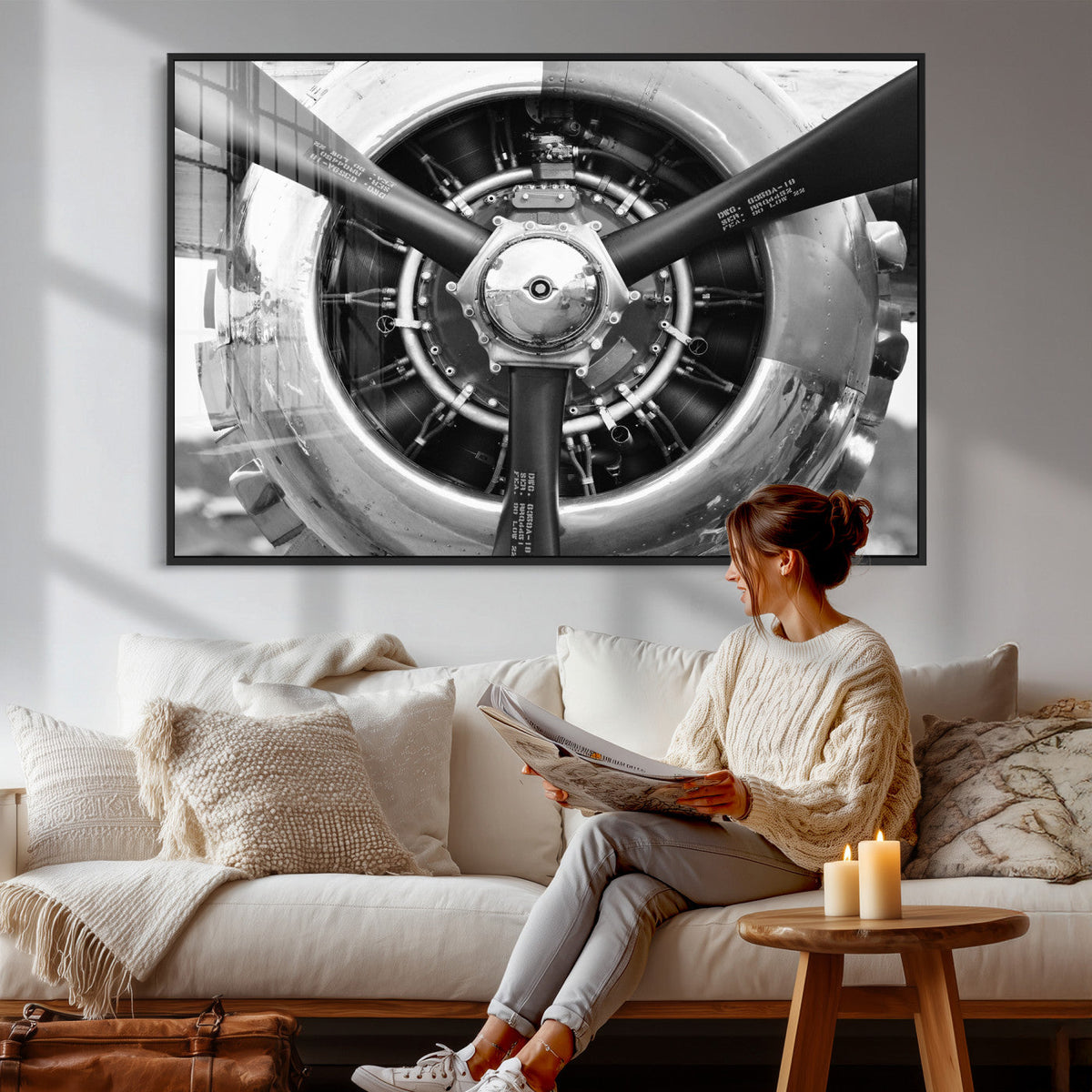 Vintage Propeller Plane Wall Art Canvas Print, Black and