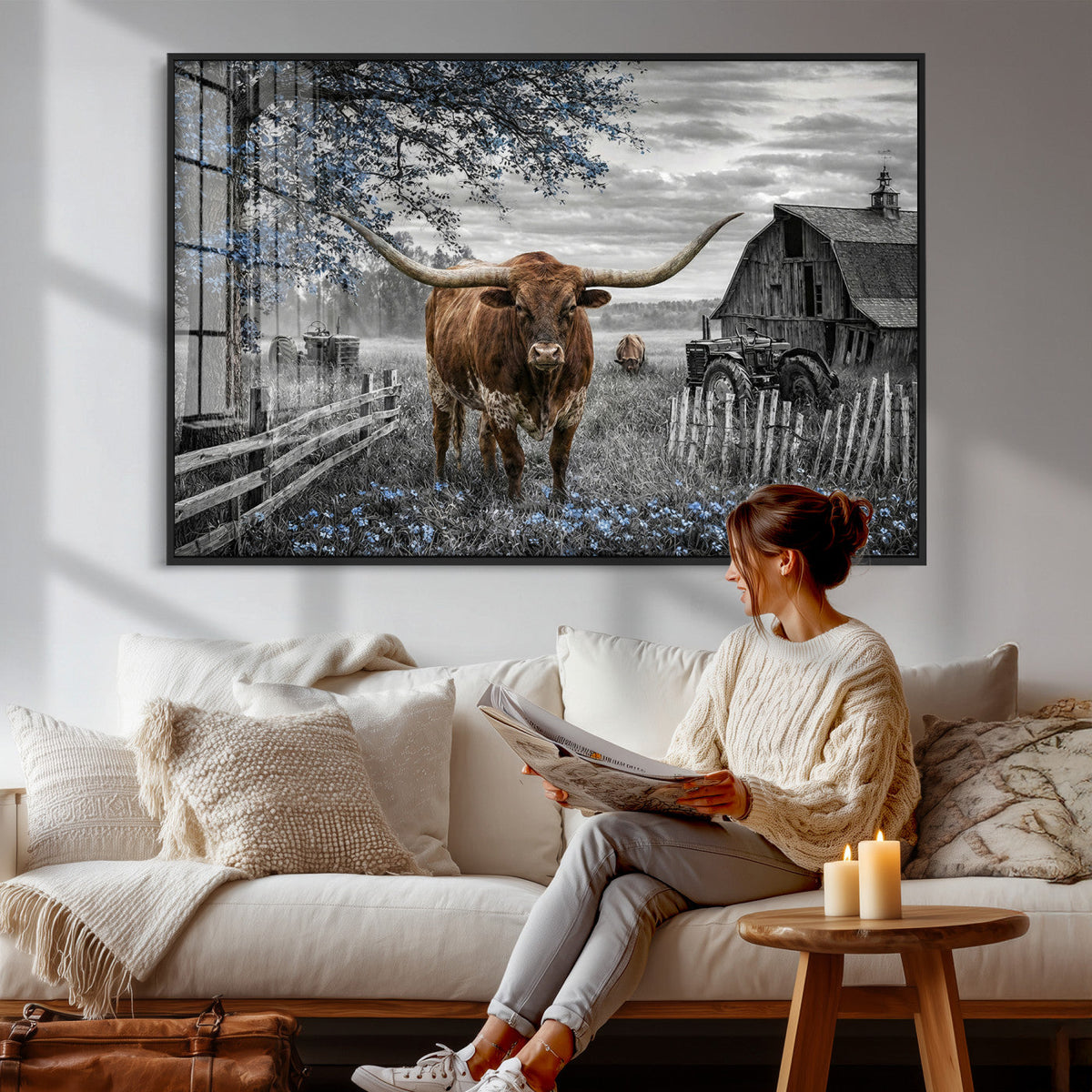 Texas Longhorn Canvas Wall Art, Rustic Farm Barn Bluebonnet