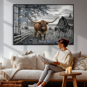 Texas Longhorn Canvas Wall Art, Rustic Farm Barn Bluebonnet