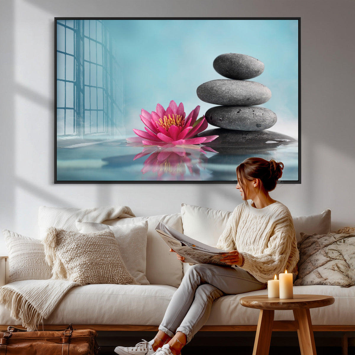 Zen Canvas Wall Art Lotus Flower Stacked Stones Teal Spa