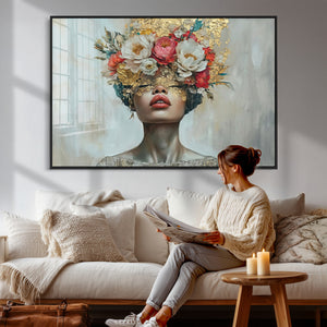 Golden Petal Wall Art Canvas Print - Silhouette Woman Wall