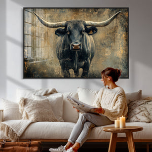 Texas Longhorn Bull Wall Art – Framed Rustic Cow Canvas