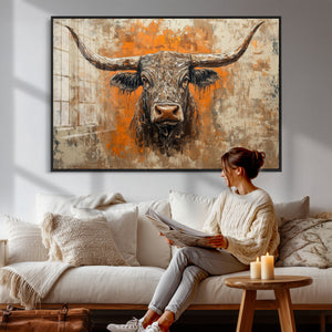 Abstract Cow Longhorn Bull Wall Art Canvas Print - Rustic