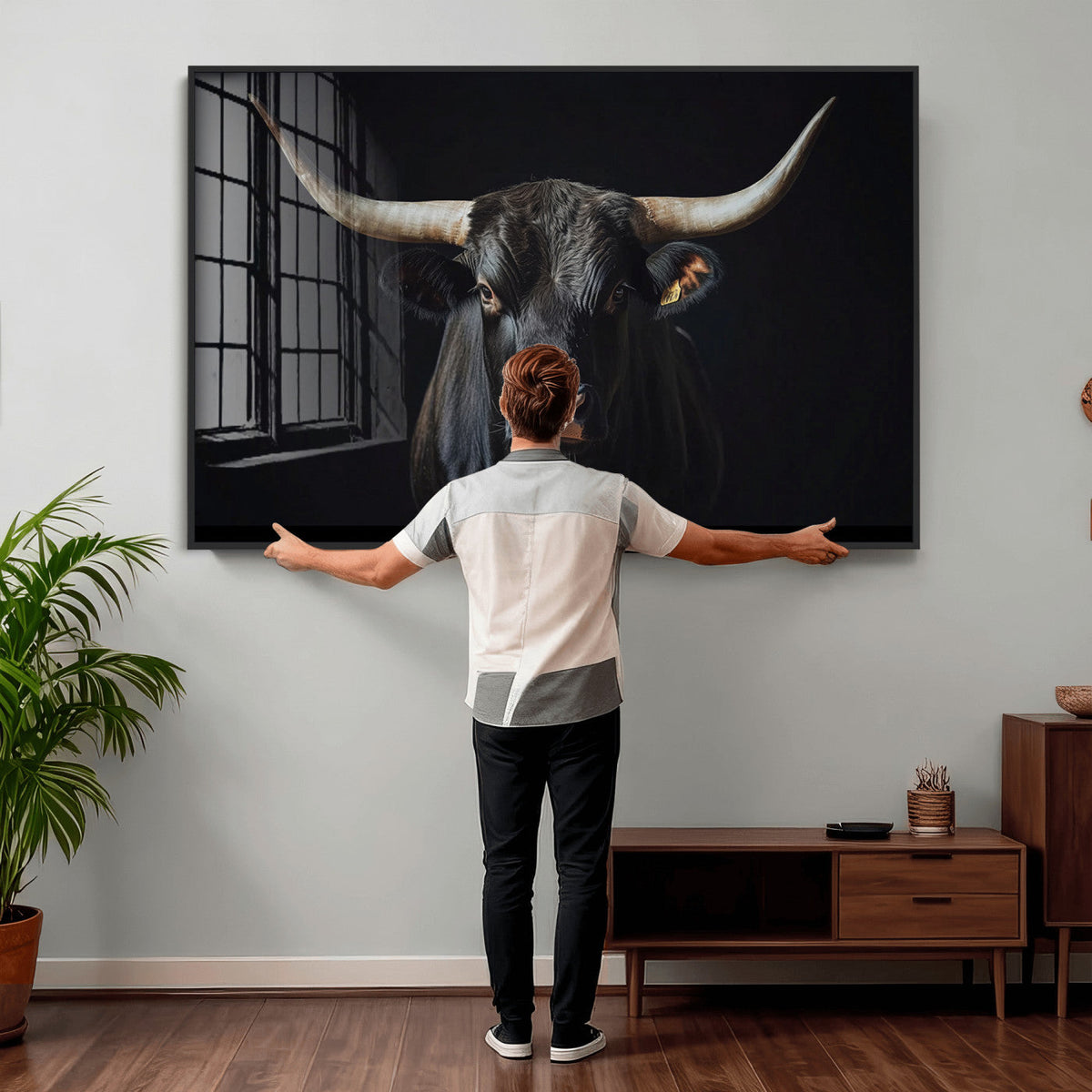 Majestic Longhorn Bull Wall Art Canvas Print – Dark