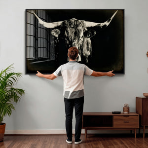 Black Bull Wall Art Canvas Print, Texas Longhorn Portrait