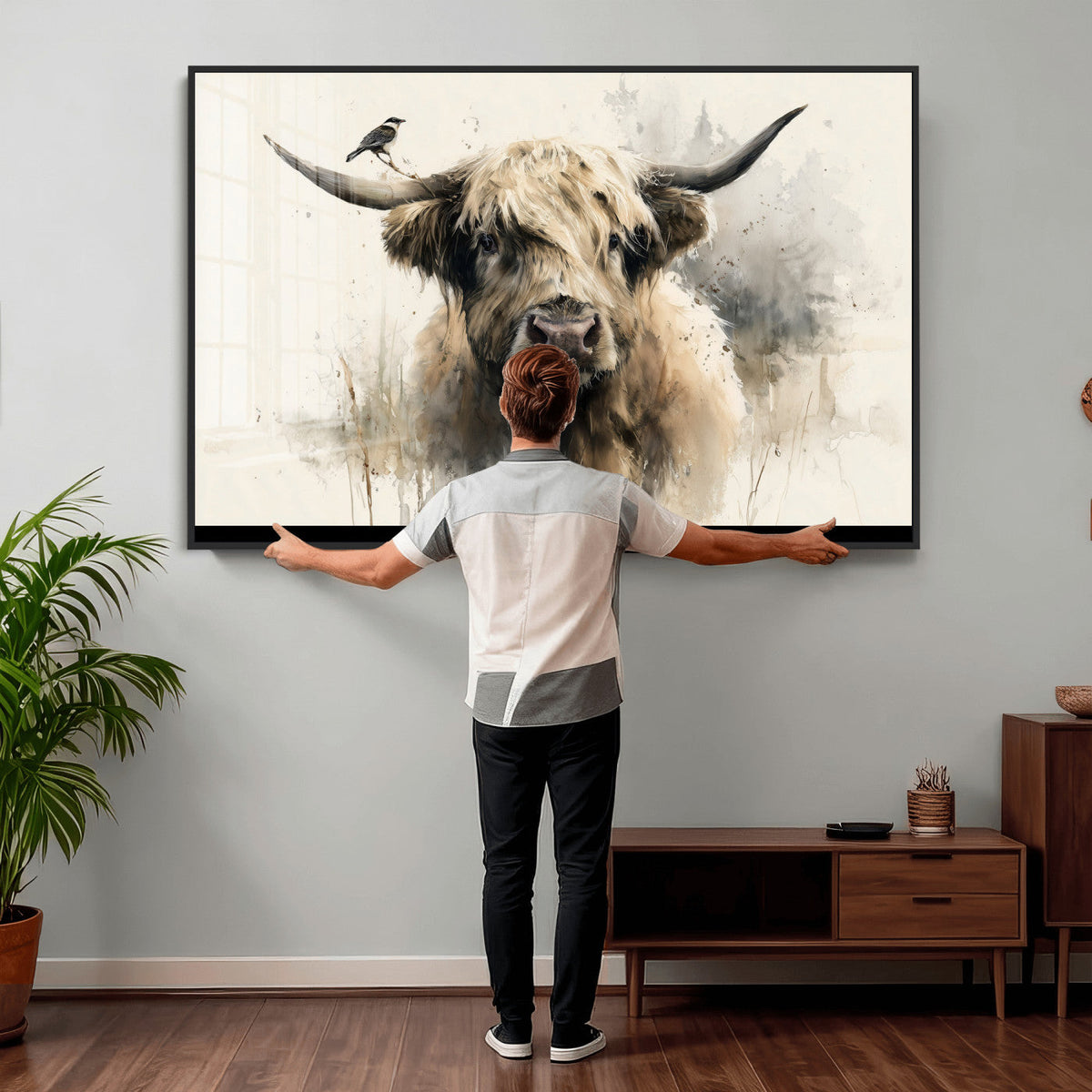 Abstract Highland Cow Wall Art Canvas Print, Rustic Farm