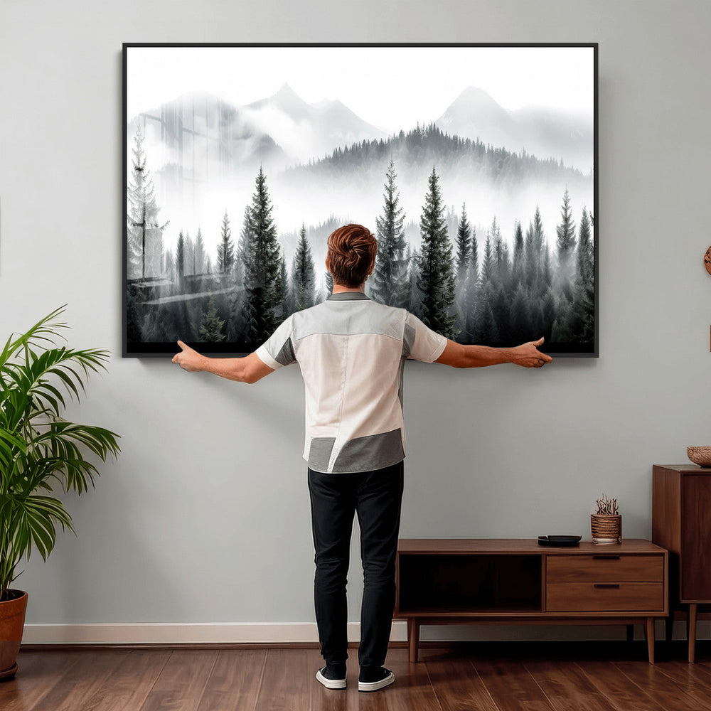 Misty Pine Forest Mountain Landscape Wall Art Canvas Print