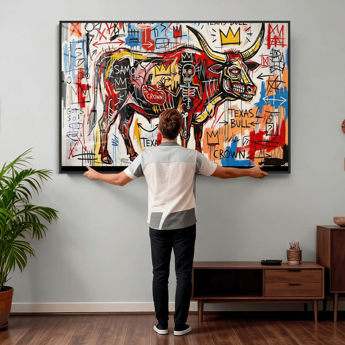 Texas Bull Wall Art Canvas Print, Abstract Graffiti Bull