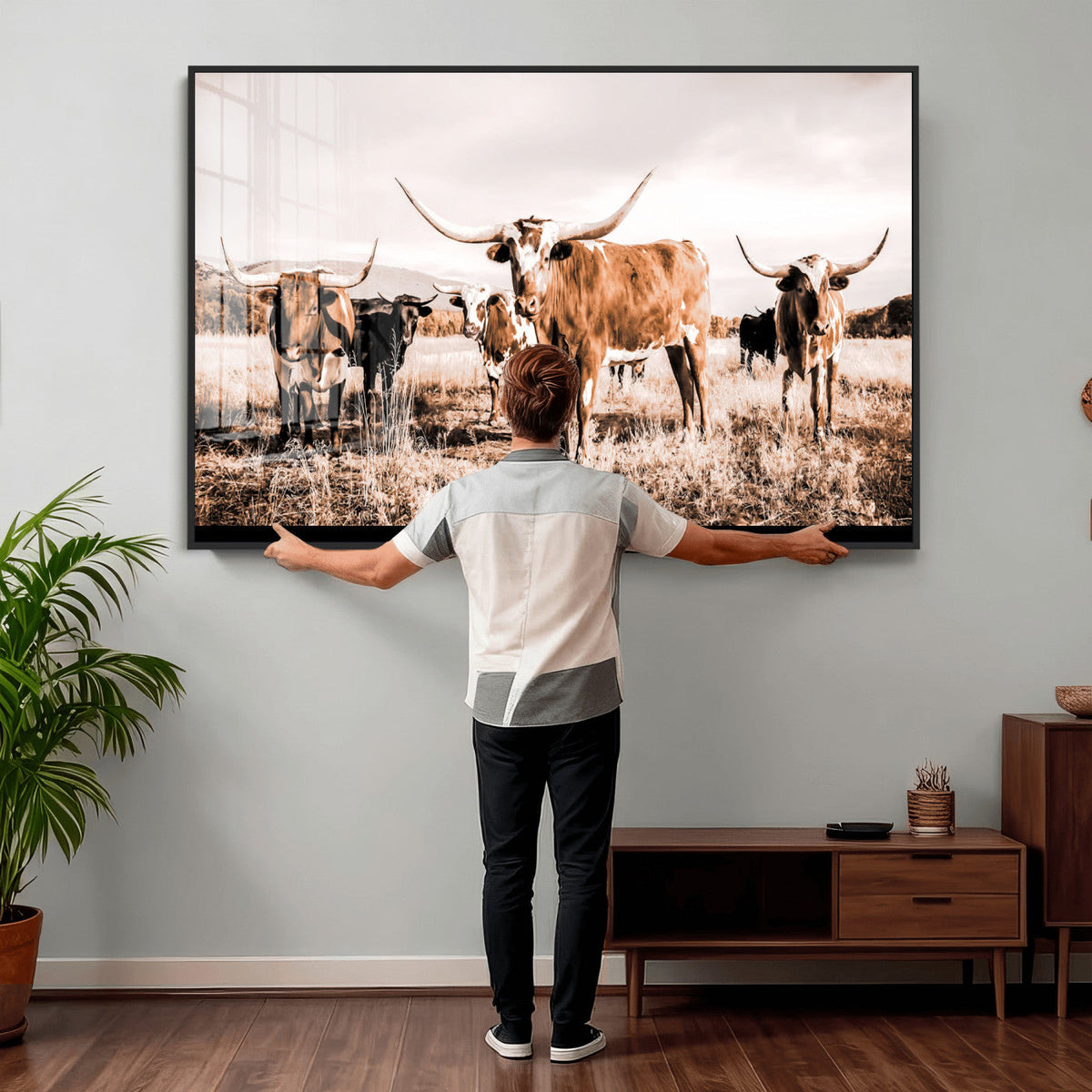 Texas Longhorn Cattle Wall Art Canvas Print, Sepia Western