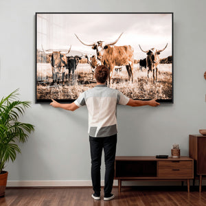 Texas Longhorn Cattle Wall Art Canvas Print, Sepia Western