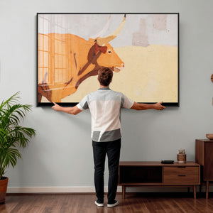 Minimal Longhorn Bull Wall Art Canvas Print, Neutral Western