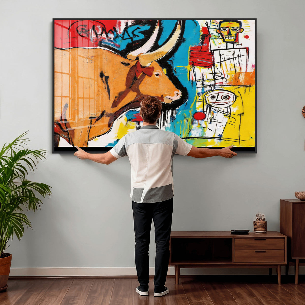 Basquiat Style Bull Graffiti Wall Art Canvas Print, Street