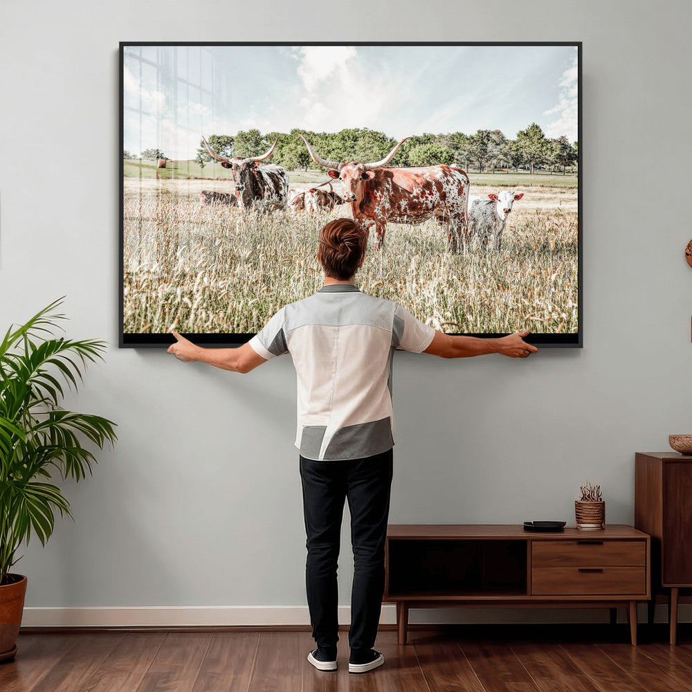 Texas Longhorn Cattle Wall Art Canvas Print, Rustic Ranch
