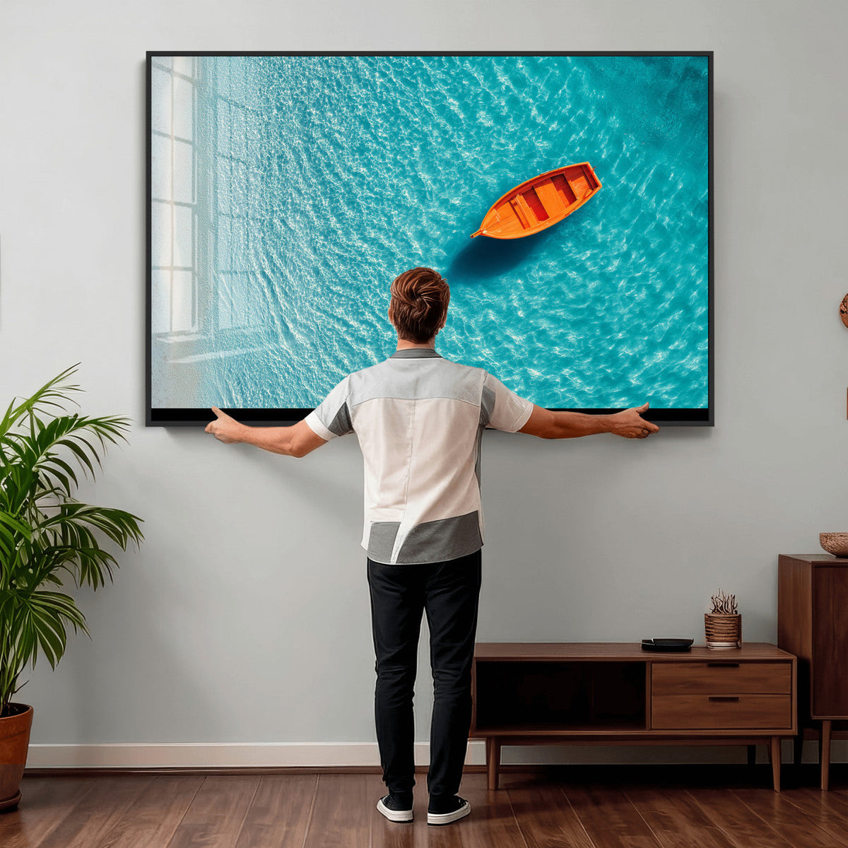 Minimalist Boat Wall Art Canvas Print, Aerial Sea Landscape
