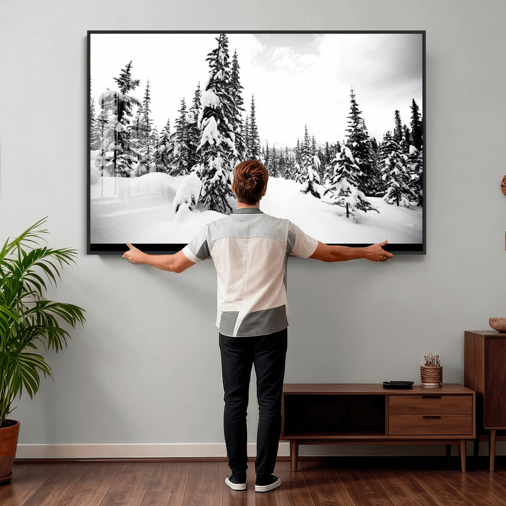 Black and White Snowy Pine Forest Wall Art Canvas Print,