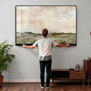 Muted Watercolor Hill Landscape Print — Beige Taupe Cloudy