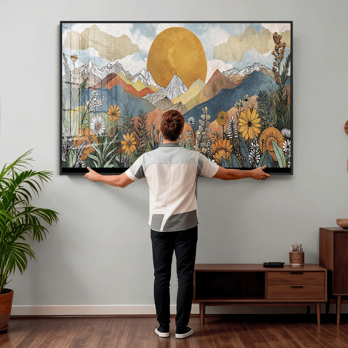 Boho Mountain Landscape Large Wall Art, Horizontal Gold