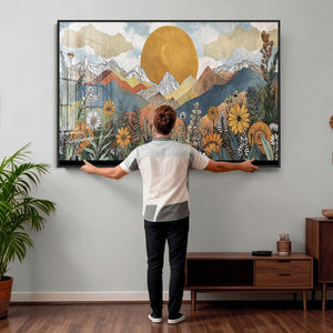 Boho Mountain Landscape Large Wall Art, Horizontal Gold