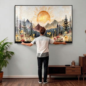 Boho Mountain Landscape Large Wall Art, Horizontal Gold