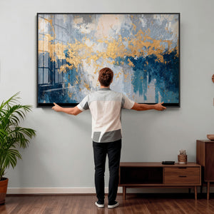 Blue Gold Abstract Large Framed Canvas Wall Art, Modern