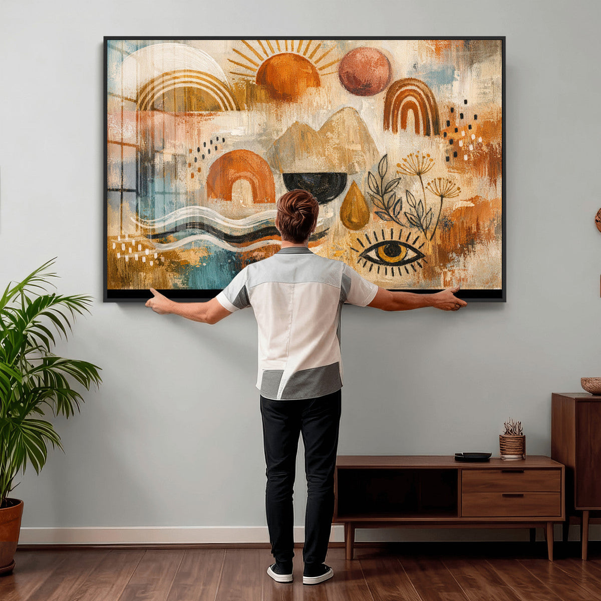 Geometric Boho Abstract Wall Art Canvas Print, Orange Blue