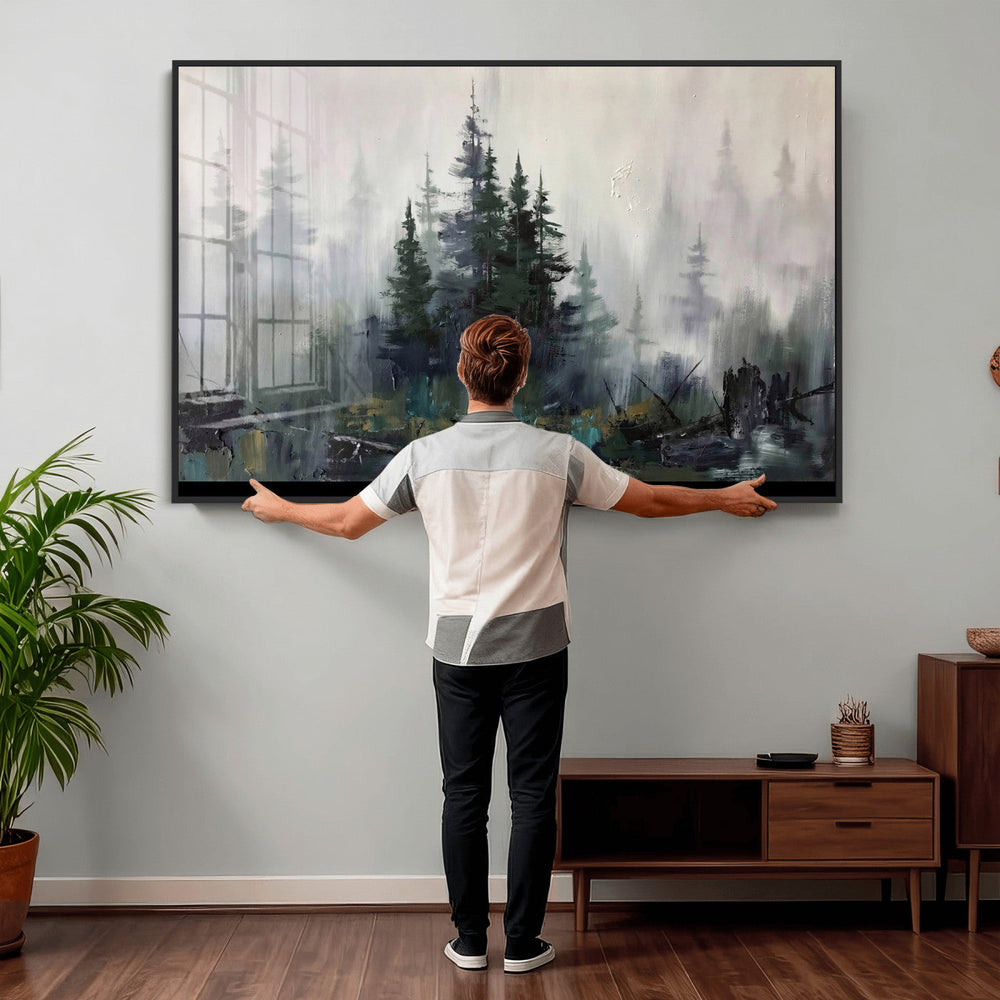 Misty Pine Forest Oil Painting Canvas — Dark Moody Teal Grey
