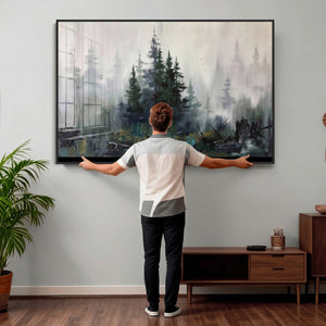 Misty Pine Forest Oil Painting Canvas — Dark Moody Teal Grey