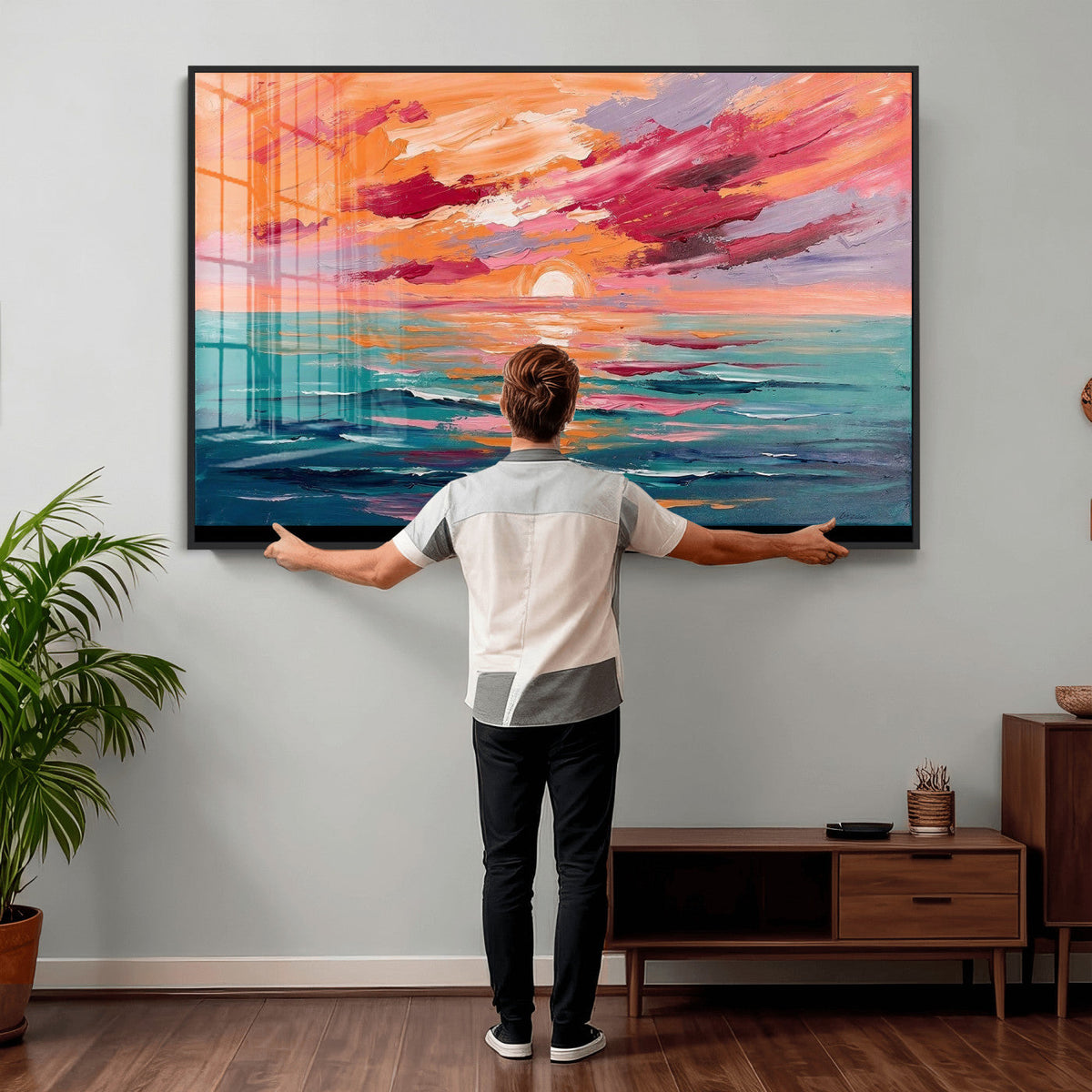 Bold Palette Knife Ocean Sunset Canvas — Orange Pink Teal