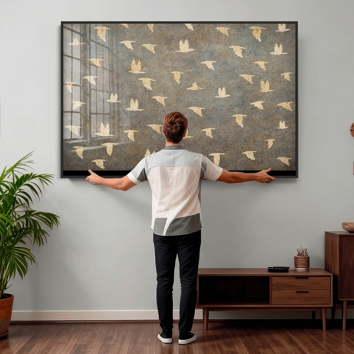 Flying Birds Canvas Wall Art, Vintage Bird Flock Pattern