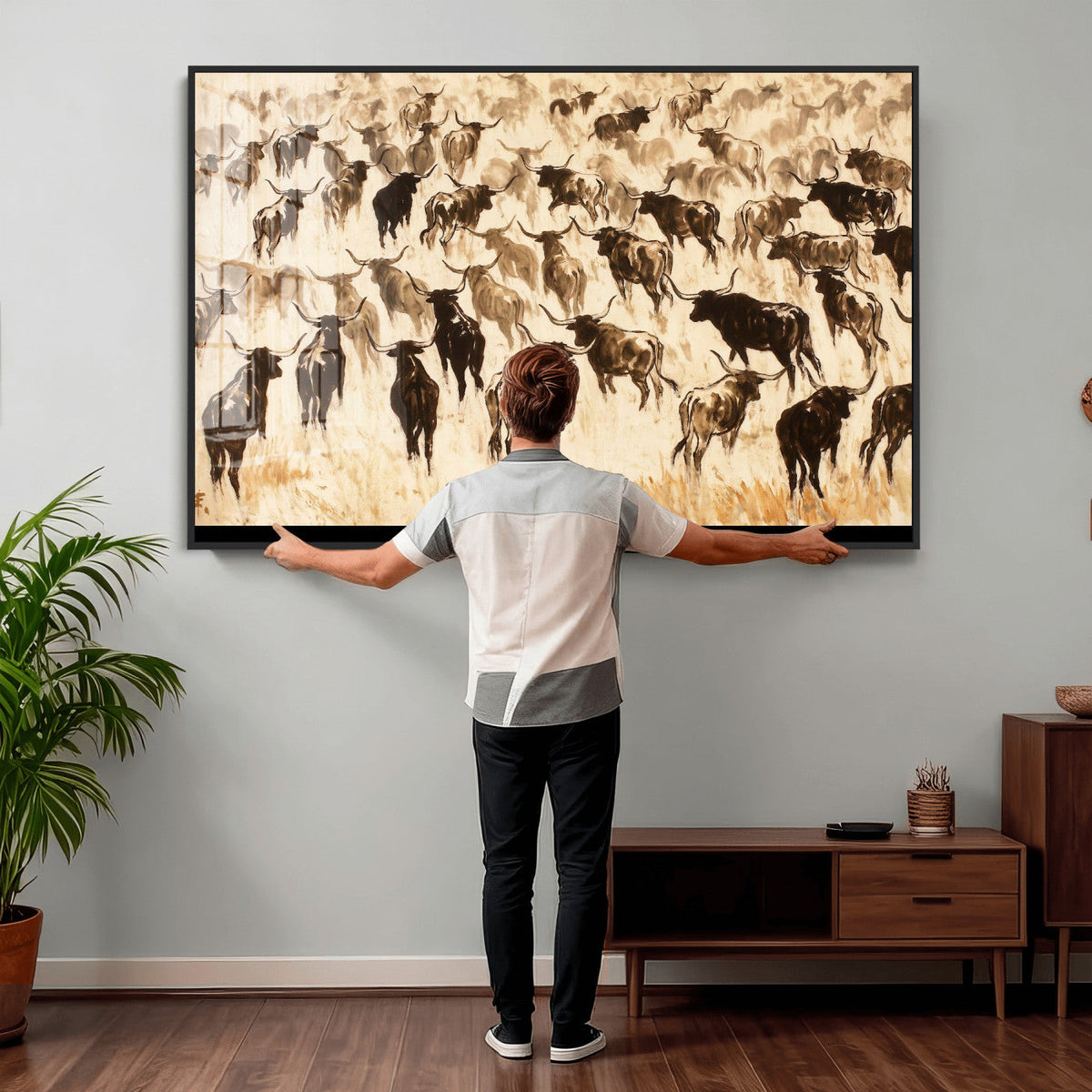 Texas Longhorn Sepia Canvas Wall Art, Western Cattle