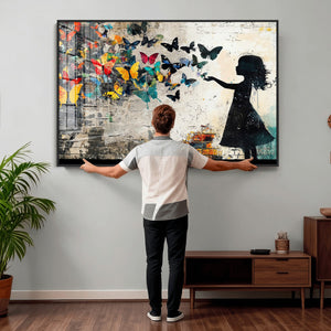 Banksy Butterfly Girl Wall Art Canvas Print, Framed Street
