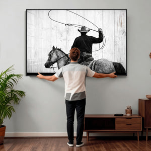 Cowboy Lasso Canvas Wall Art, Black White Western Horse