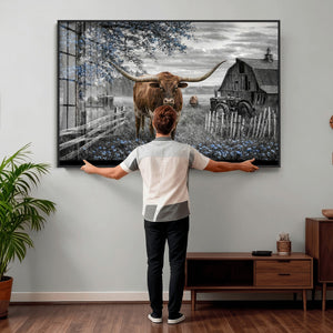 Texas Longhorn Canvas Wall Art, Rustic Farm Barn Bluebonnet