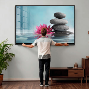 Zen Canvas Wall Art Lotus Flower Stacked Stones Teal Spa