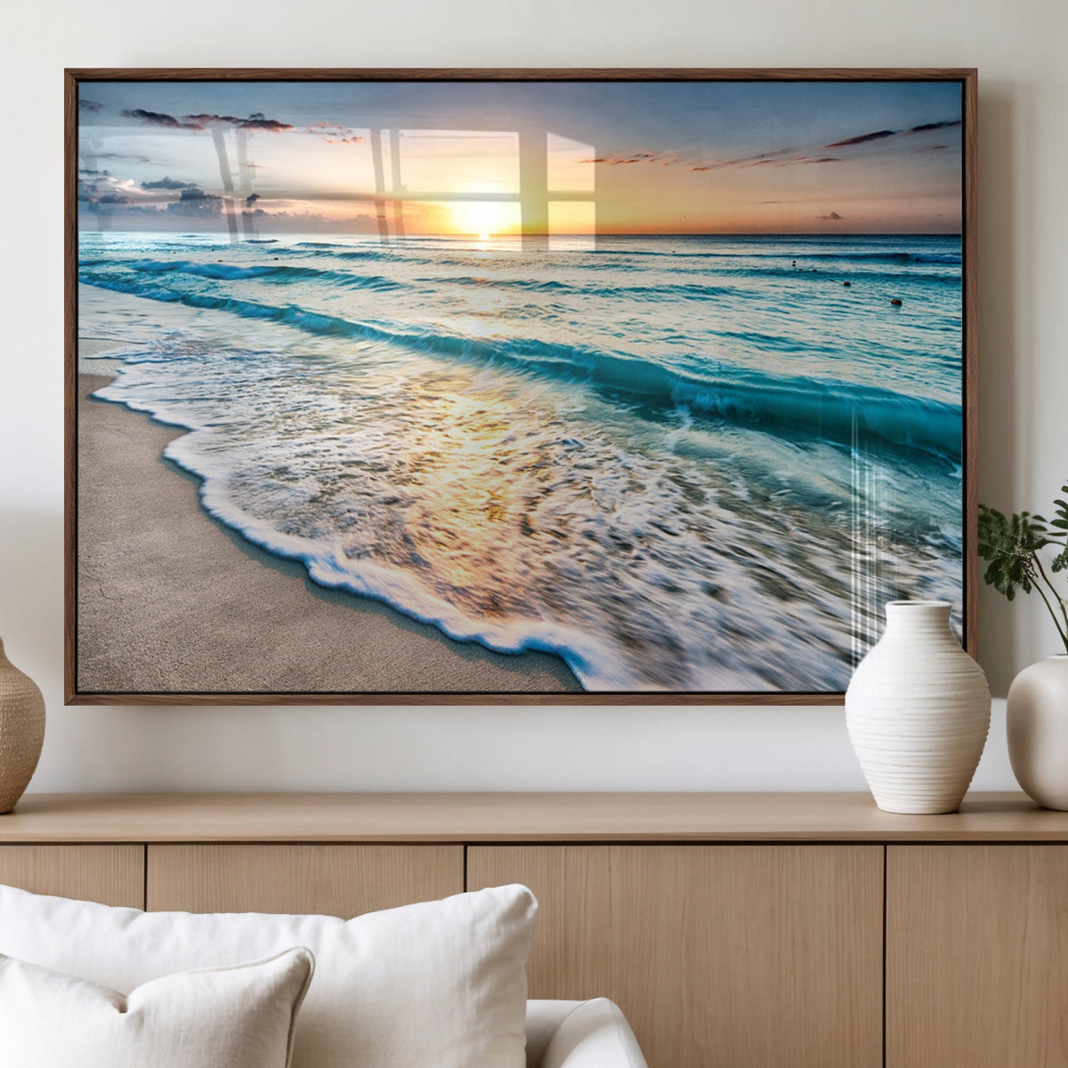 Sunset Beach Waves Canvas Wall Art – 5-Panel Ocean Sunset