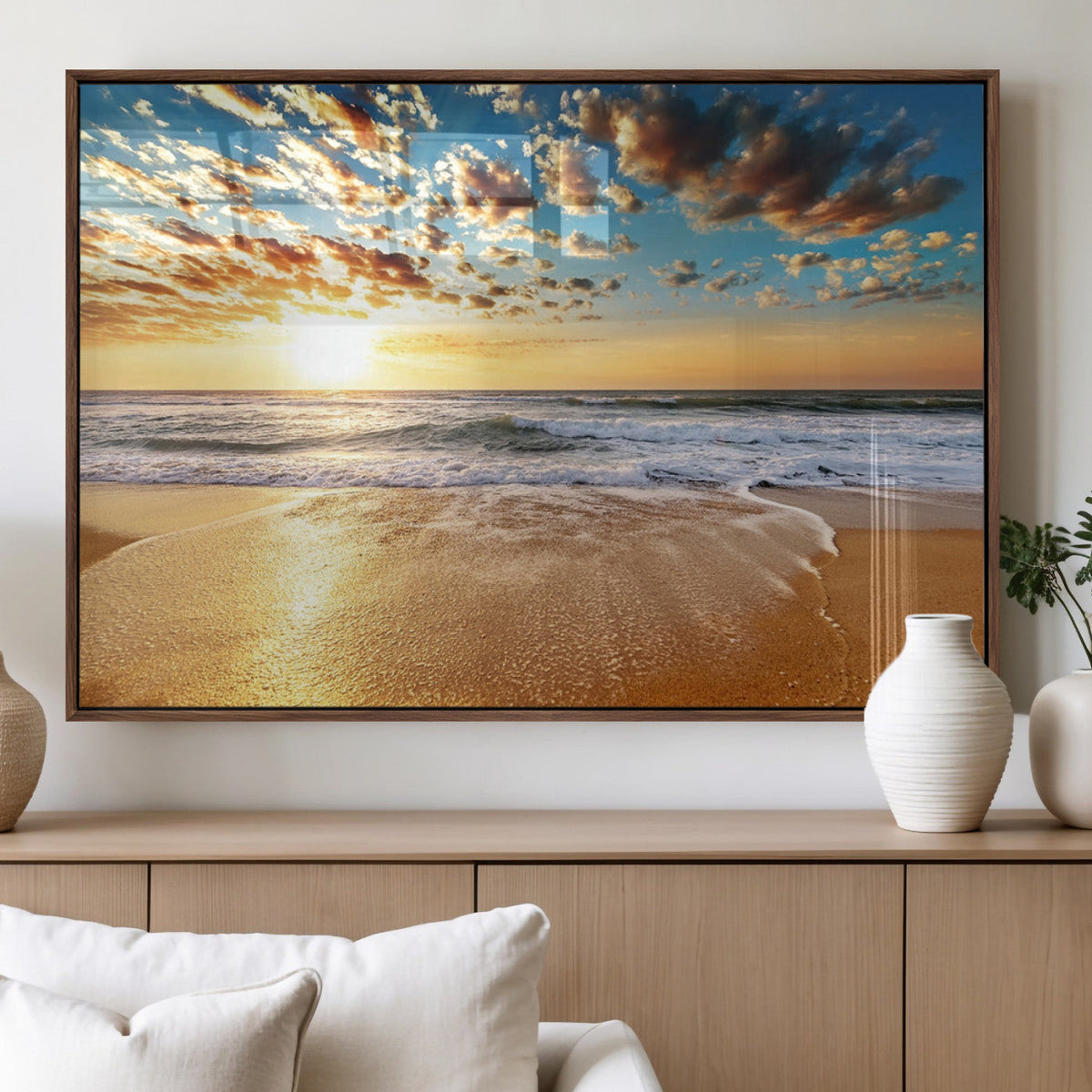 Golden Sunset Beach Print Canvas Wall Art, Giclee Canvas