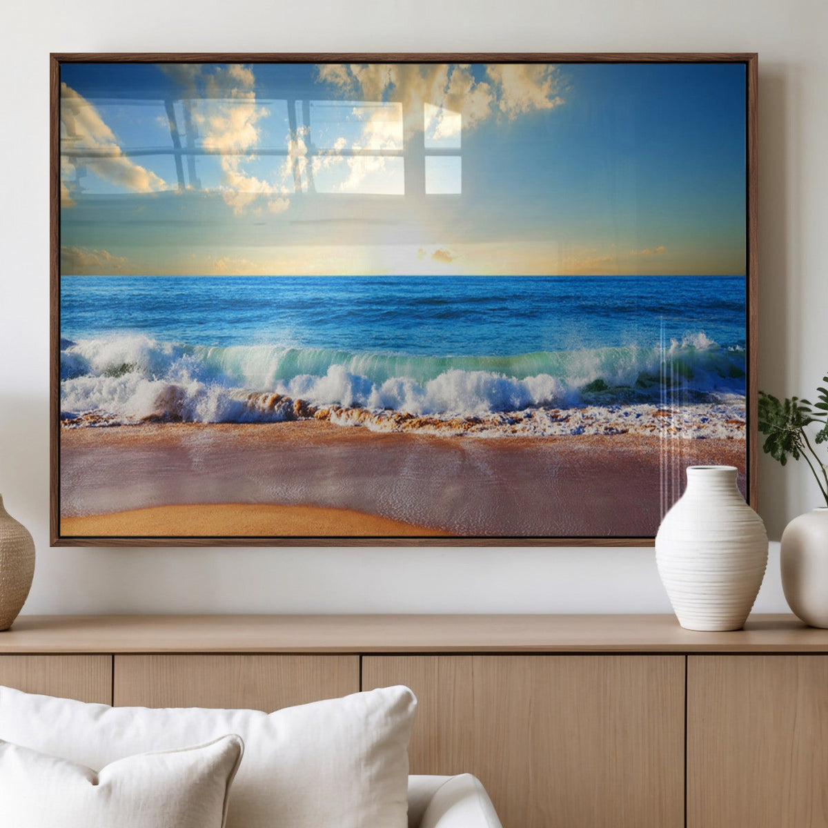 Tropical Beach Sunset Canvas Art, Ocean Waves and Sandy