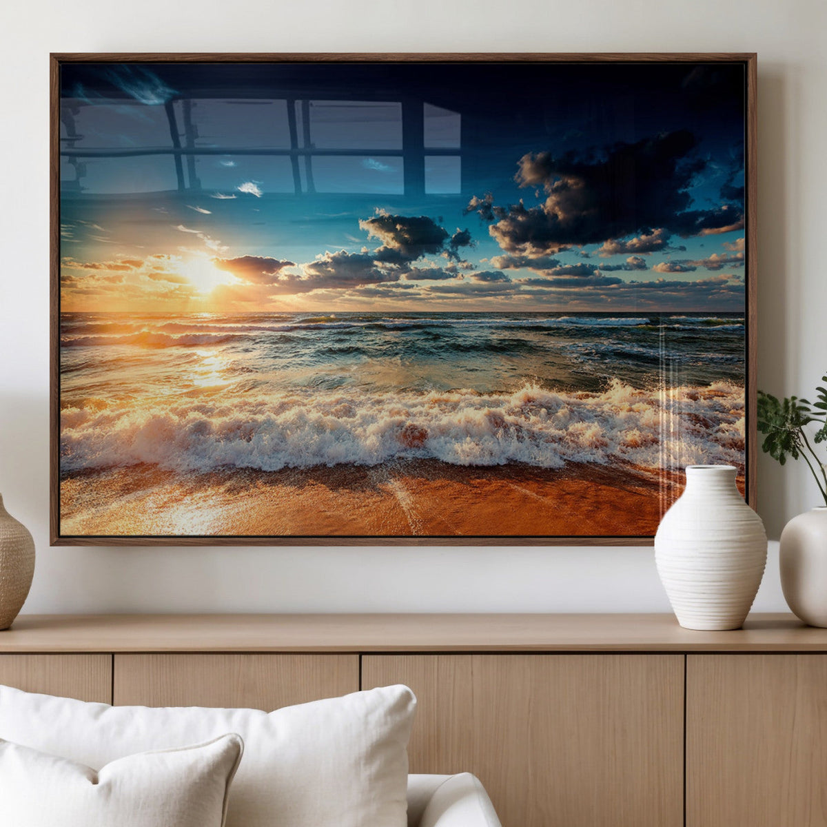 Golden Hour Sunset Over Ocean Waves Wall Art Canvas Print |