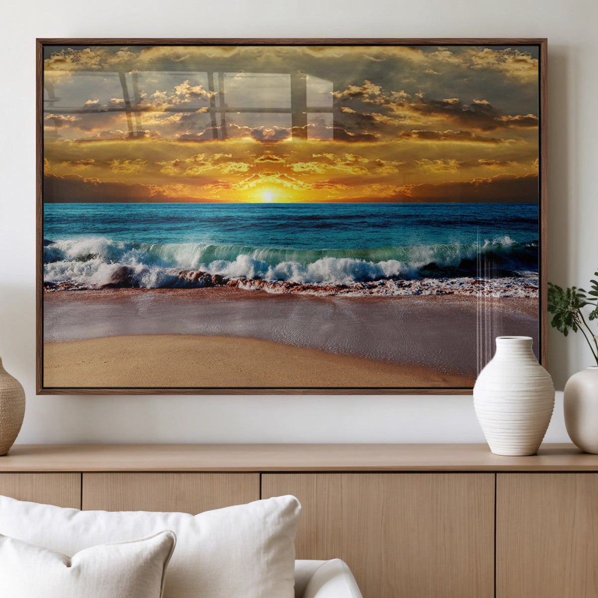 Ocean Sunrise Over Golden Beach Waves, Giclee Canvas Wall