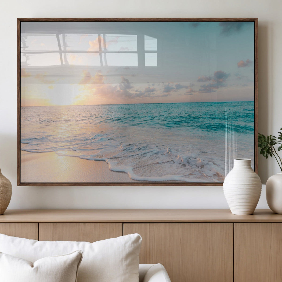 Tranquil Ocean Beach Sunset Canvas Wall Art | 3-Panel