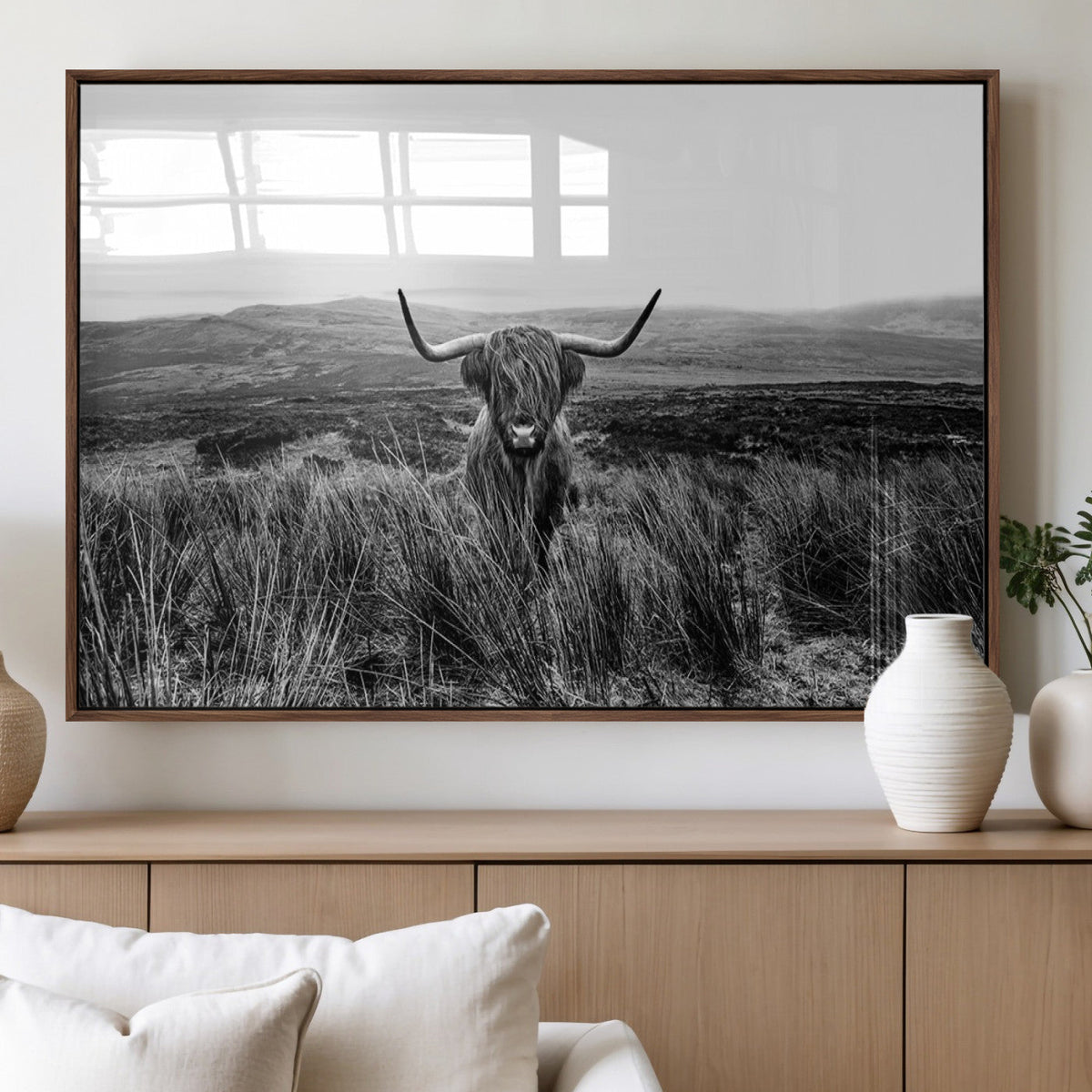 Black and White Highland Cow Canvas Wall Art, Longhorn