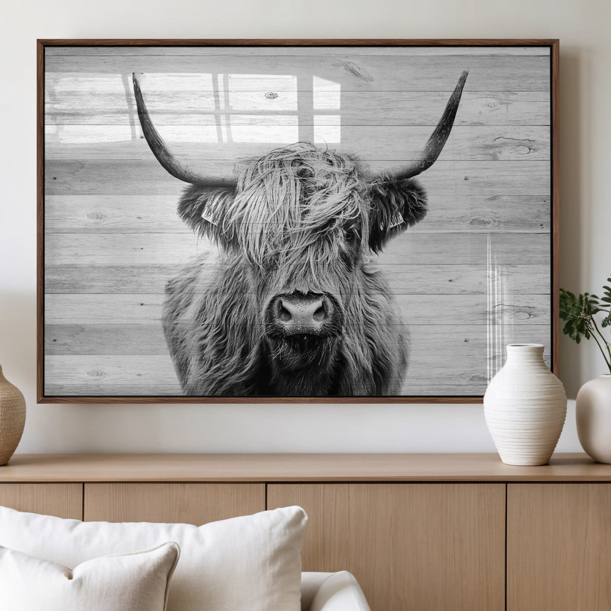 Scottish Highland Cow Cattle Art Print on Wood Background