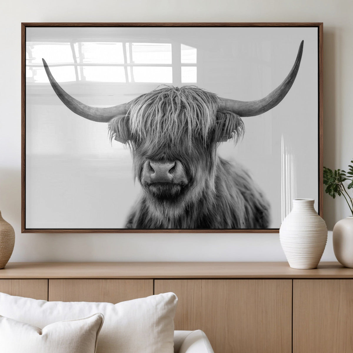 Grayscale Scottish Highland Cow Cattle Art Print Farmhouse